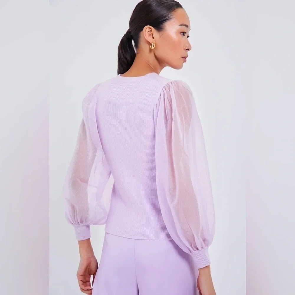 Tuckernuck Betsy Lilac Puff Sleeve Knit Blouse Sheer Sleeve Size S NWT